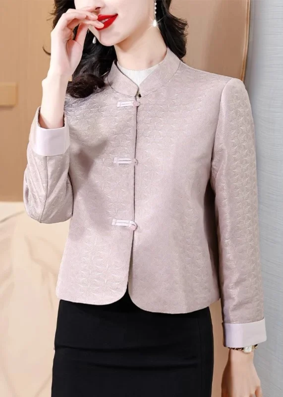 Plus size women's wool blend coats for a warm and stylish winterItalian Pink Stand Collar Print Button Silk Coat Fall