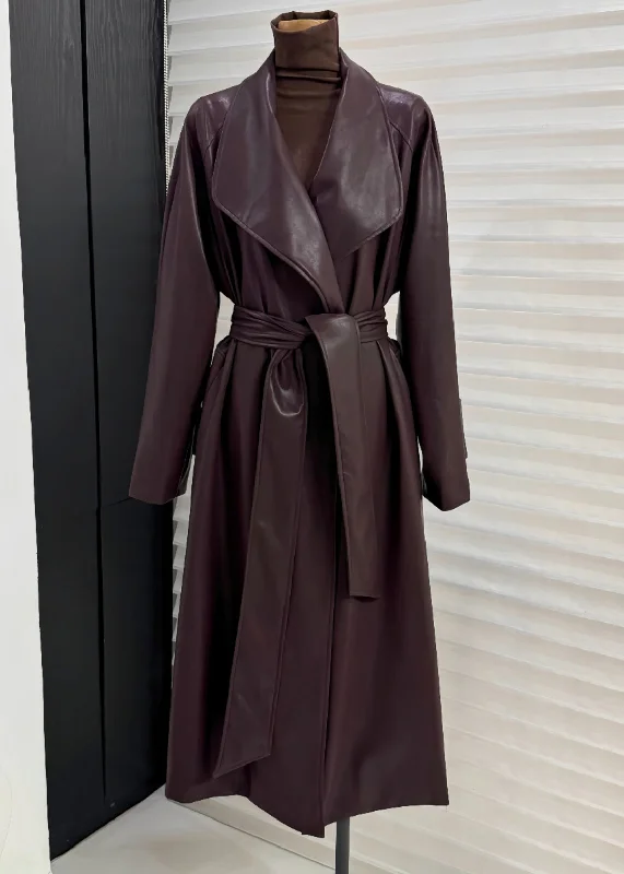 Oversized women's wool coats in a monochromatic look for a trendy outfitItalian Purple Red Peter Pan Collar Tie Waist Faux Leather Coats Winter