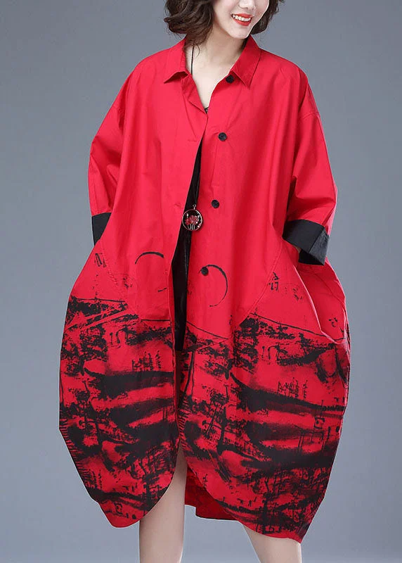 Women's cropped leather coats with silver studs for an edgy lookItalian Red Print Button Pockets Patchwork Cotton Long Trench Coat Fall