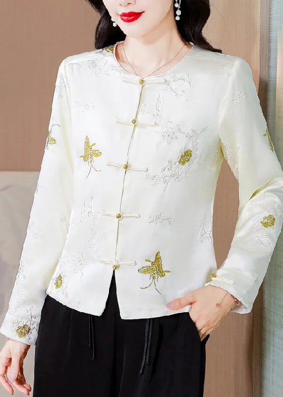 Water - resistant women's trench coats with adjustable cuffs for rainy daysItalian White Embroidered Button Silk Coat Fall