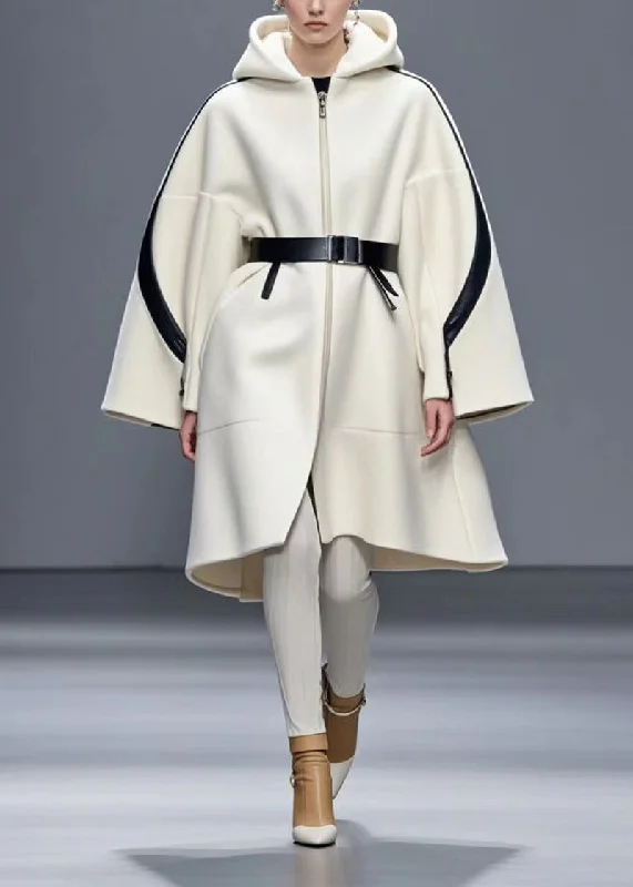 Checkered women's wool coats in a classic pattern for a timeless styleItalian White Hooded Patchwork Woolen Coat Outwear Fall