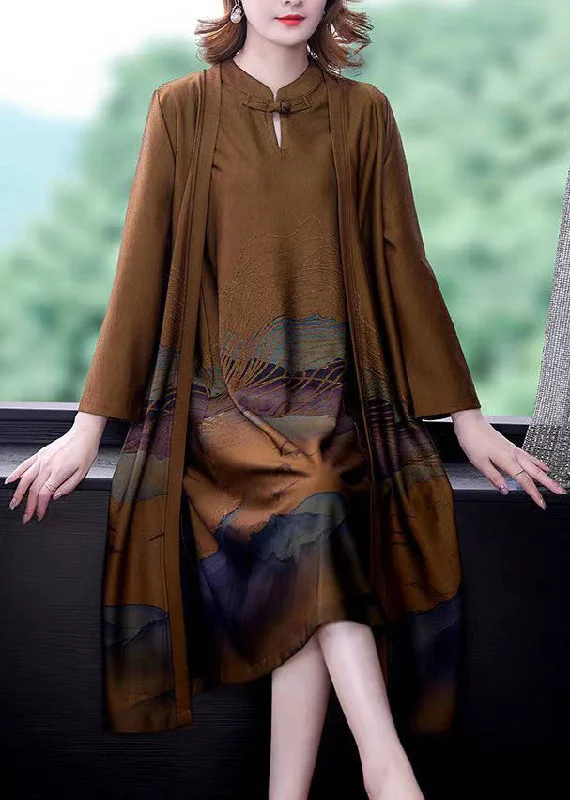 Belted women's cashmere coats in soft pastels for a luxurious feelItalian Yellow Stand Collar Print Silk Trench Coats And Dress Two Piece Set Long Sleeve