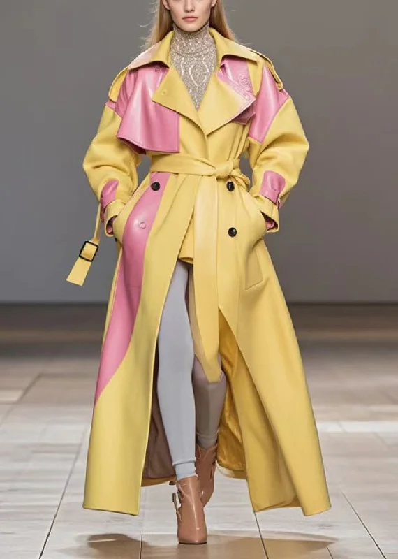 Long women's mac coats in a lightweight fabric for spring showersItalian Yellow Tie Waist Patchwork Faux Leather Coat Outwear Fall