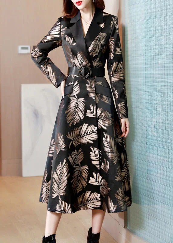 Checkered women's wool coats in a classic pattern for a timeless styleJacquard Black Sashes Pockets Cotton Long Trench Coat Fall