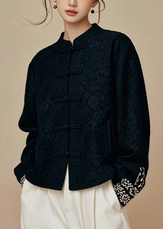 Embroidered women's cotton coats in a bohemian pattern for a unique designJacquard Black Stand Collar Solid Cotton Coats Fall