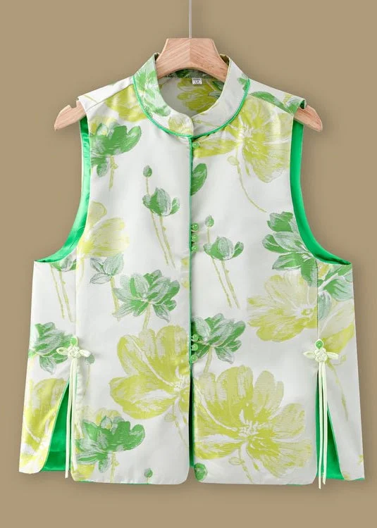 Women's pea coats with brass buttons for a nautical - inspired styleJacquard Green Stand Collar Button Silk Waistcoat Sleeveless