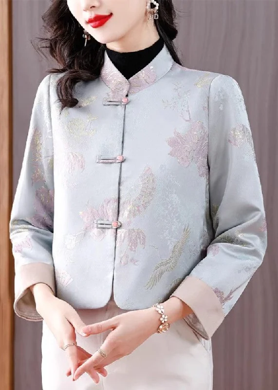 Women's longline double - breasted camel coats for a sophisticated lookJacquard Light Blue Stand Collar Button Cotton Coats Fall