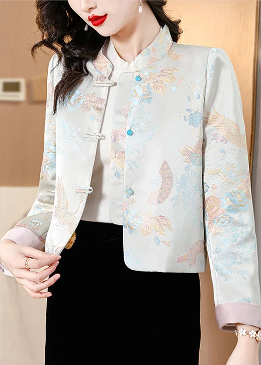 Women's long - sleeve wool coats in a houndstooth pattern for a classic charmJacquard Light Blue Stand Collar Button Silk Coats Fall