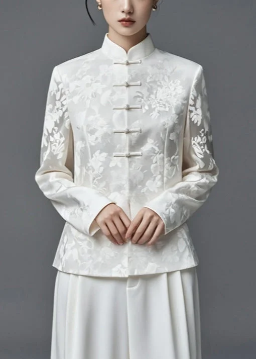 Women's reversible down coats with two - tone designs for versatile stylingJacquard White Stand Collar Button Thin Silk Cotton Coats Fall