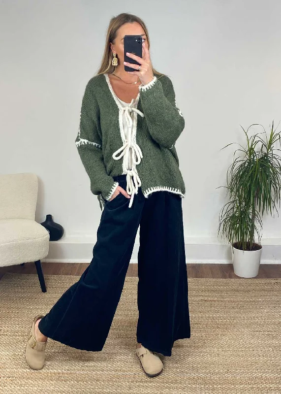 open front women cardigan for easy stylingJules Tie Front Stich Cardigan in Khaki