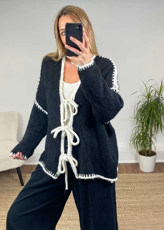 ribbed women cardigan with a classic textureJules Tie Front Stitch Cardigan in Black ribbed women cardigan with a classic textureJules Tie Front Stitch Cardigan in Black