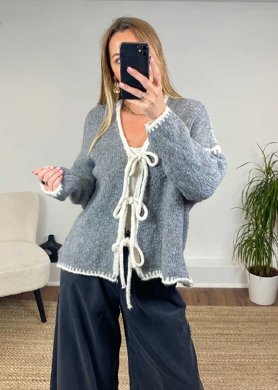 long length women cardigan with side slitsJules Tie Front Stitch Cardigan in Grey