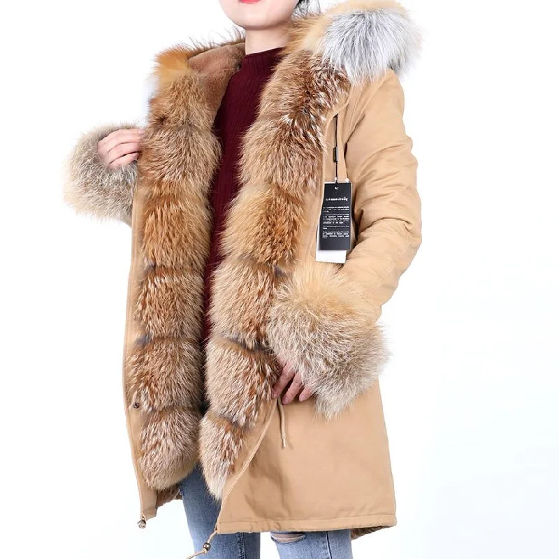 Water - resistant women's trench coats with adjustable cuffs for rainy daysKhaki Color Women's Fox Fur Leather Hooded Long Detachable Coats & Jackets