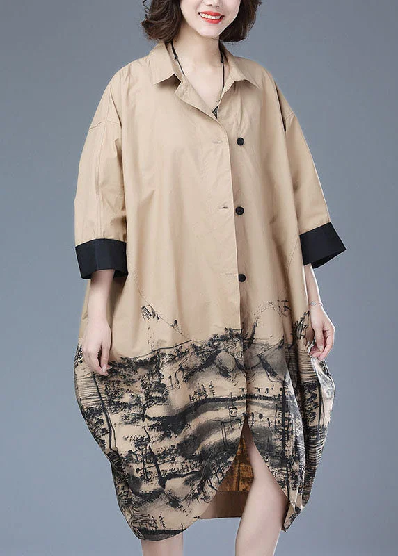 Women's pea coats with brass buttons for a nautical - inspired styleKhaki Patchwork Cotton Long Trench Coat Peter Pan Collar Print Button Bracelet Sleeve