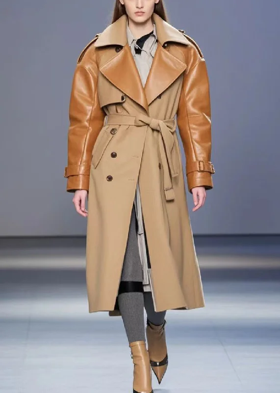 Quilted down women's coats with removable hoods for outdoor activitiesKhaki Patchwork Faux Leather Woolen Coats Tie Waist Fall