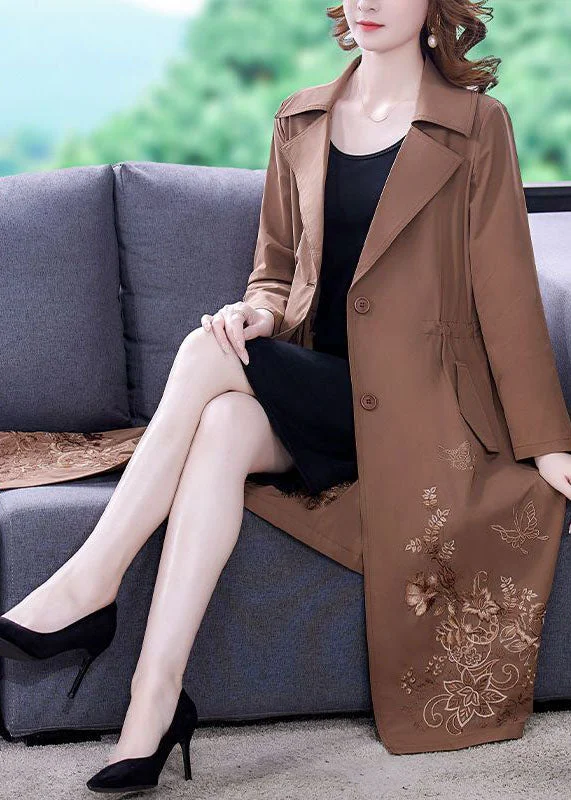 Women's knee - length wool blend coats with a fur collar for added warmthKhaki Solid Spandex Cinch Trench Coat Notched Collar Fall