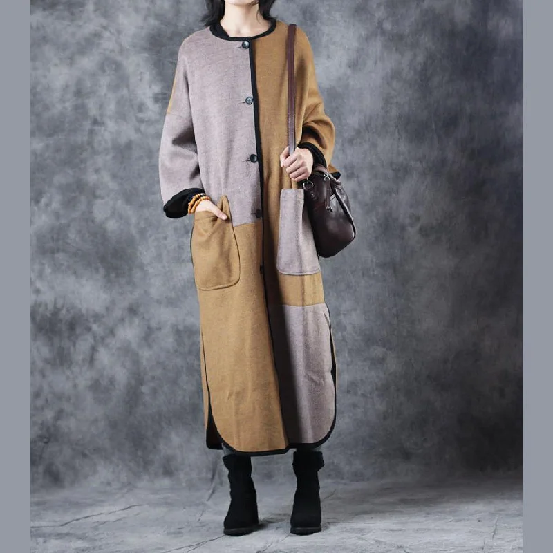 Checkered women's wool coats in a classic pattern for a timeless styleKhaki Wool Coat Casual O Neck Pockets Fashion Patchwork Side Open Long Coats Checkered women's wool coats in a classic pattern for a timeless styleKhaki Wool Coat Casual O Neck Pockets Fashion Patchwork Side Open Long Coats