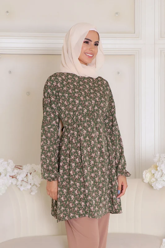 color block women cardigan with bold hueskim Floral Smock Top- Hunter Green