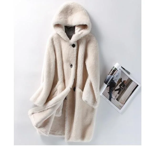 Women's long - sleeve wool coats in a houndstooth pattern for a classic charmKorean Style Female Sheep Shearing Fur Hooded Winter Trench Coats & Jackets Women's long - sleeve wool coats in a houndstooth pattern for a classic charmKorean Style Female Sheep Shearing Fur Hooded Winter Trench Coats & Jackets