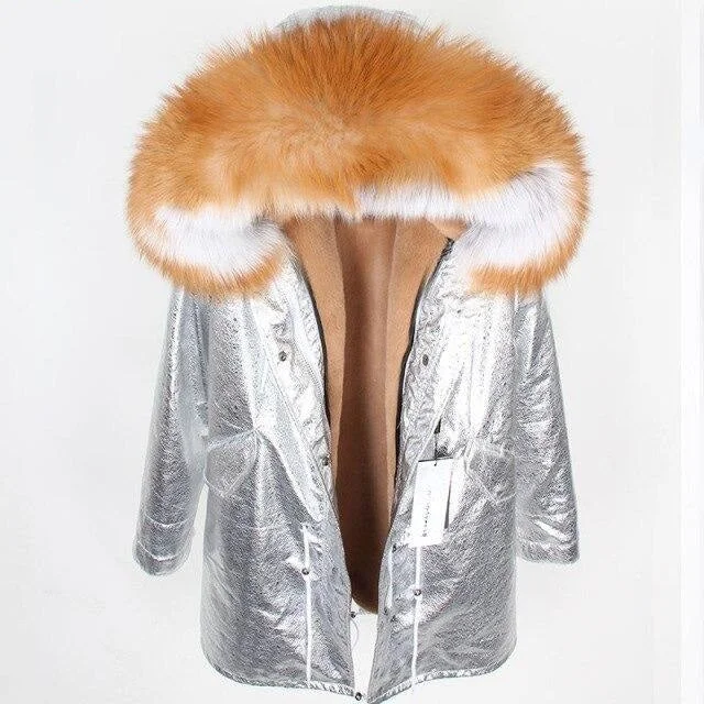 Mid - length women's down coats in a slim fit for a modern and sleek appearanceLarge Hooded Long Detachable Women's Fox Fur Leather Lining Coats & Jackets