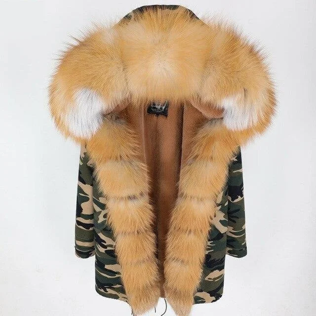 Hooded women's puffer coats in neon colors for high - visibility sportsLarge Women's Fox Fur Leather Hooded Long Detachable Slim Coats & Jackets