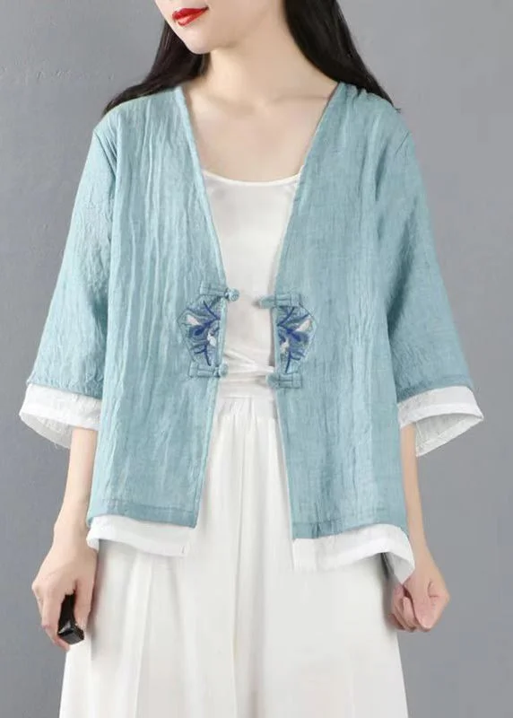 Embroidered women's cotton coats in a bohemian pattern for a unique designLight Blue Button Patchwork Linen Tops Coats V Neck Half Sleeve Embroidered women's cotton coats in a bohemian pattern for a unique designLight Blue Button Patchwork Linen Tops Coats V Neck Half Sleeve