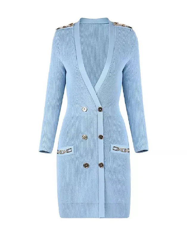 Shearling - lined women's leather coats for ultimate warmth and luxuryLight Blue Gold Button Chain Knitted Cardigan Dress Shearling - lined women's leather coats for ultimate warmth and luxuryLight Blue Gold Button Chain Knitted Cardigan Dress