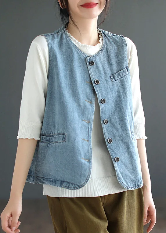 Women's knee - length wool blend coats with a fur collar for added warmthLight Blue O-Neck Button Denim Waistcoat Fall Women's knee - length wool blend coats with a fur collar for added warmthLight Blue O-Neck Button Denim Waistcoat Fall