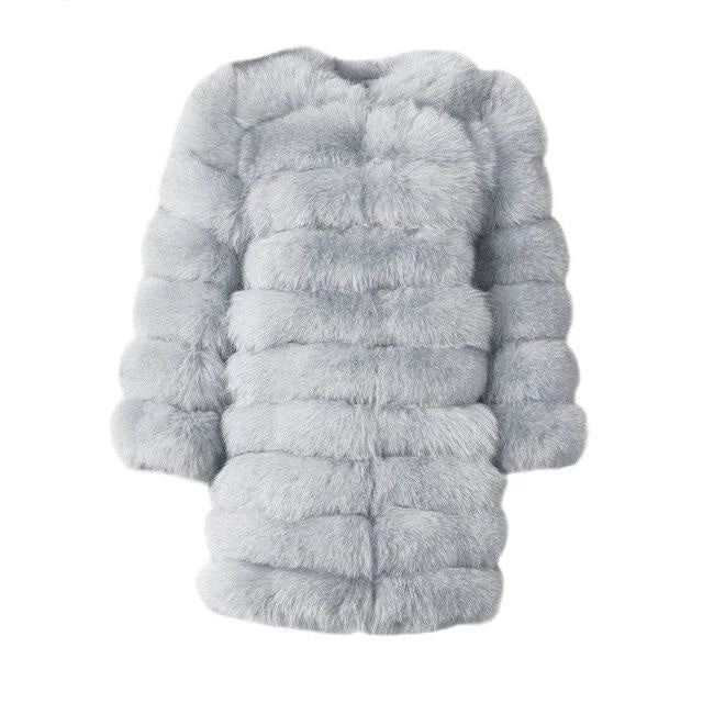 Women's long - sleeve wool coats in a houndstooth pattern for a classic charmLight Grey Winter Women's Solid Thick Fur Long Detachable Coats & Jackets