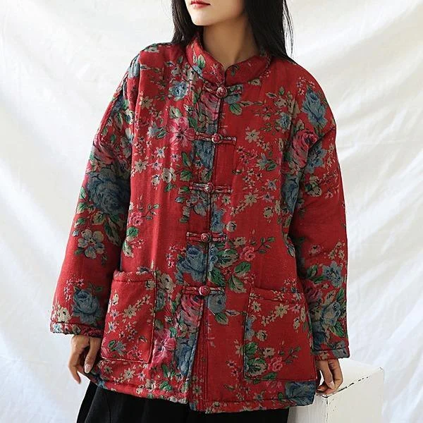 Women's long - sleeve wool coats in a houndstooth pattern for a classic charmLong Sleeve Button Chinese Style 2020 Winter New Warm Red Parkas Coats Women's long - sleeve wool coats in a houndstooth pattern for a classic charmLong Sleeve Button Chinese Style 2020 Winter New Warm Red Parkas Coats