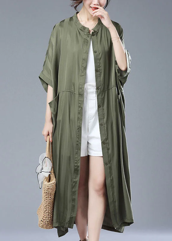 Plus size women's wool blend coats for a warm and stylish winterLoose Army Green Striped Pockets Patchwork Long Trench Coat Summer