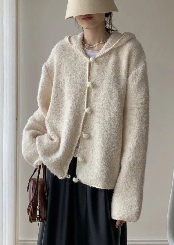 Long women's mac coats in a lightweight fabric for spring showersLoose Beige Hooded Button Solid Cotton Knit Coat Winter