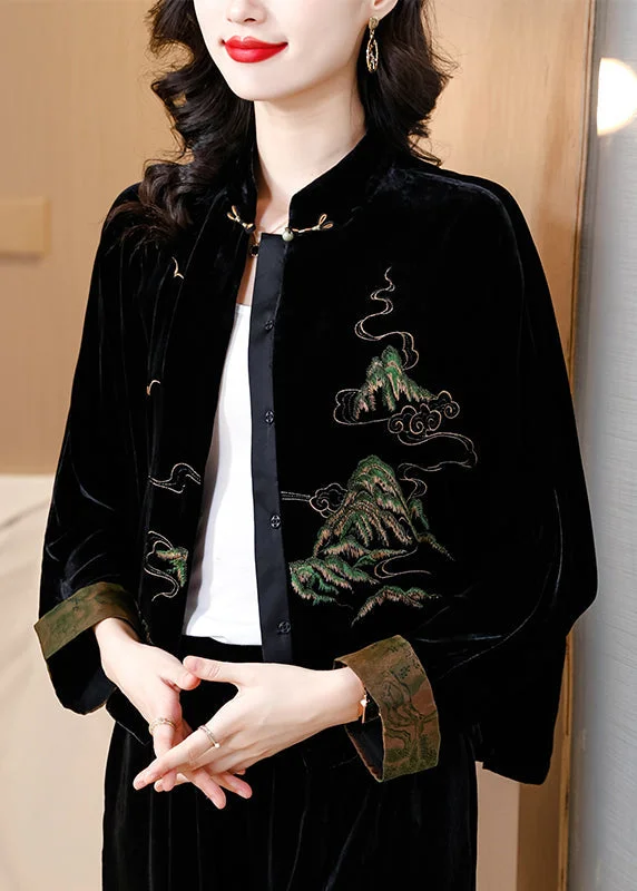 Embroidered women's cotton coats in a bohemian pattern for a unique designLoose Black Embroidered Button Silk Velour Coat Fall