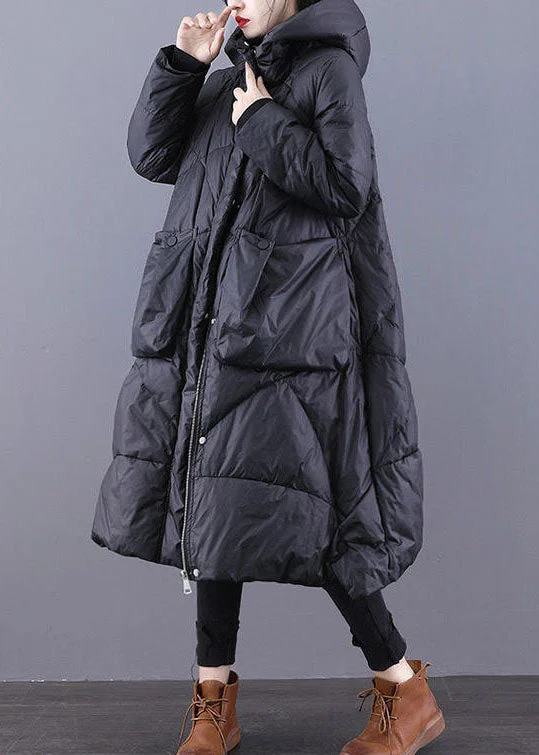 Women's cropped leather coats with silver studs for an edgy lookLoose Black Hooded Pockets Duck Down Winter down coat