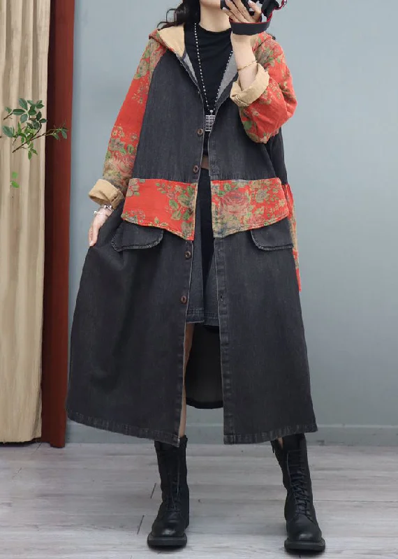 Women's pea coats with brass buttons for a nautical - inspired styleLoose Black Hooded Pockets Patchwork Denim Long Coats Fall Women's pea coats with brass buttons for a nautical - inspired styleLoose Black Hooded Pockets Patchwork Denim Long Coats Fall