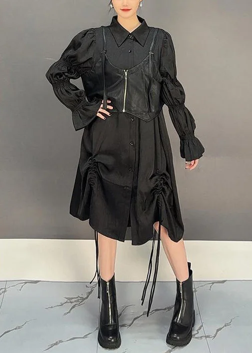 Checkered women's wool coats in a classic pattern for a timeless styleLoose Black Lace Up Waistcoat And Shirts Dresses Cotton Two Pieces Set Butterfly Sleeve
