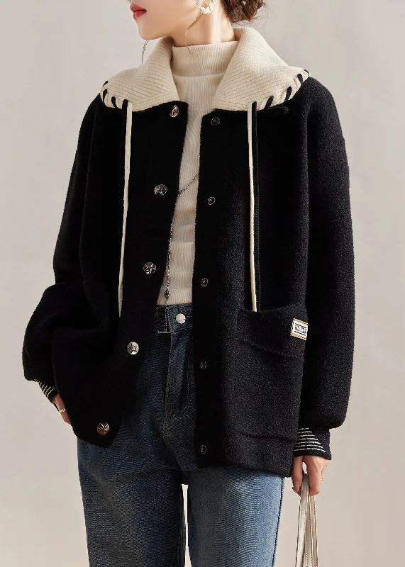 Women's cropped leather coats with silver studs for an edgy lookLoose Black Peter Pan Collar Button Pockets Woolen Coats Long Sleeve Women's cropped leather coats with silver studs for an edgy lookLoose Black Peter Pan Collar Button Pockets Woolen Coats Long Sleeve