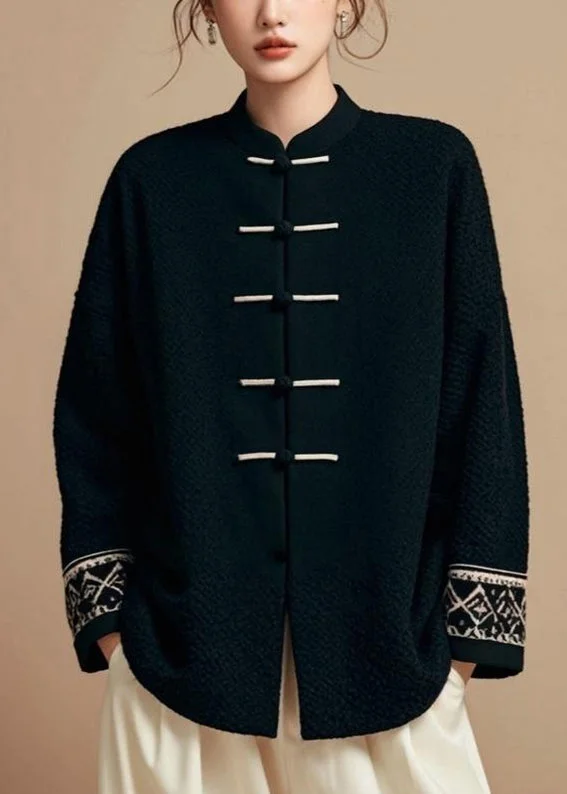 Shearling - lined women's leather coats for ultimate warmth and luxuryLoose Black Stand Collar Button Solid Cotton Fall Coat