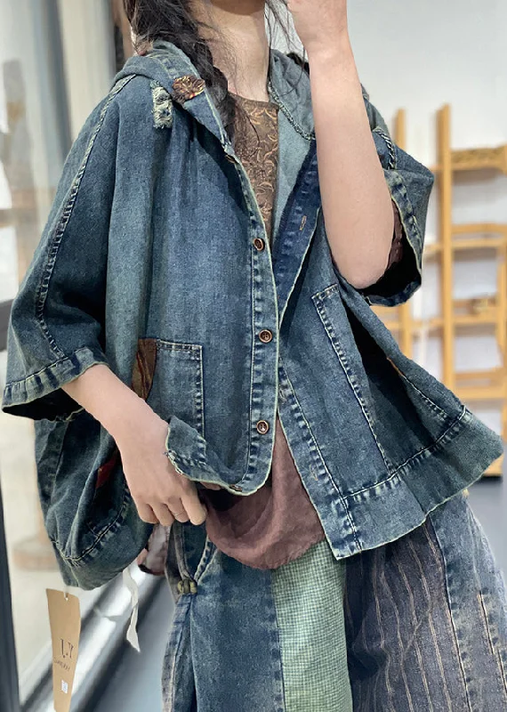 Water - resistant women's trench coats with adjustable cuffs for rainy daysLoose Blue Hooded Button Denim Coats Half Sleeve Water - resistant women's trench coats with adjustable cuffs for rainy daysLoose Blue Hooded Button Denim Coats Half Sleeve