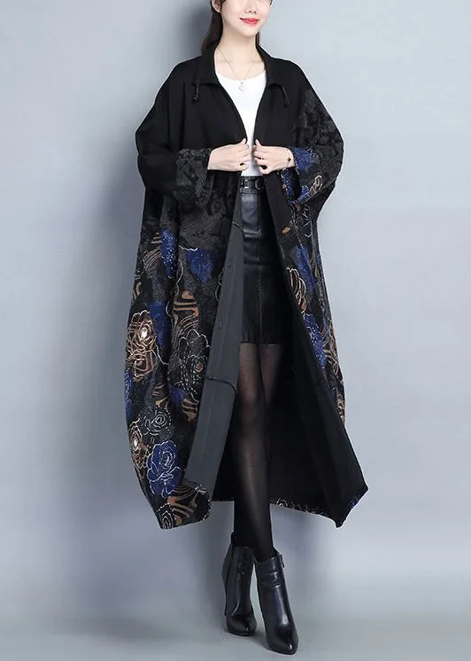 Women's pea coats with brass buttons for a nautical - inspired styleLoose Blue Stand Collar Pockets Patchwork Cotton Long Trench Coat Fall