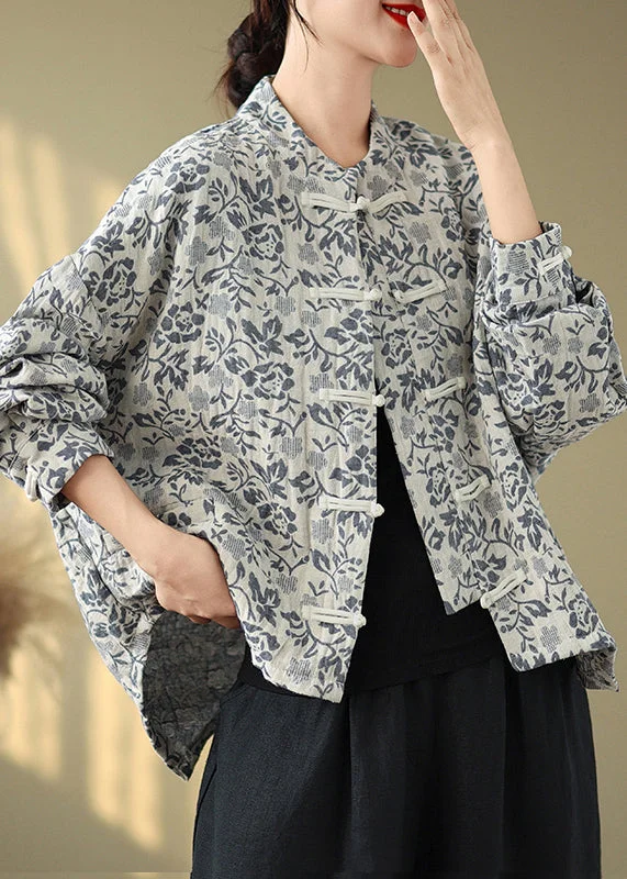 Women's reversible down coats with two - tone designs for versatile stylingLoose Blue Stand Collar Print Button Cotton Coat Fall