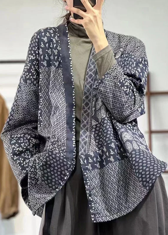 Women's reversible down coats with two - tone designs for versatile stylingLoose Blue V Neck Button Print Linen Coat Long Sleeve Women's reversible down coats with two - tone designs for versatile stylingLoose Blue V Neck Button Print Linen Coat Long Sleeve
