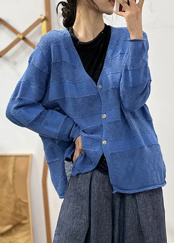 Oversized women's wool coats in a monochromatic look for a trendy outfitLoose Blue V Neck Hollow Out Solid Cotton Knit Coat Fall Oversized women's wool coats in a monochromatic look for a trendy outfitLoose Blue V Neck Hollow Out Solid Cotton Knit Coat Fall