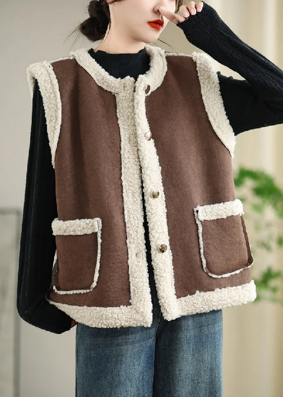Women's cropped leather coats with silver studs for an edgy lookLoose Coffee Button Pockets Patchwork Teddy Faux Fur Waistcoat Sleeveless