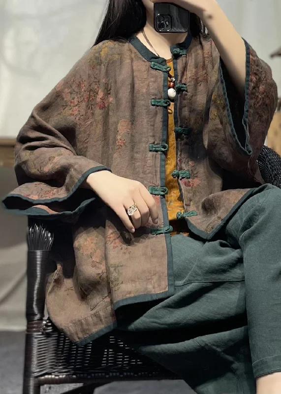 Checkered women's wool coats in a classic pattern for a timeless styleLoose Coffee Button Print Pockets Linen Coats Spring