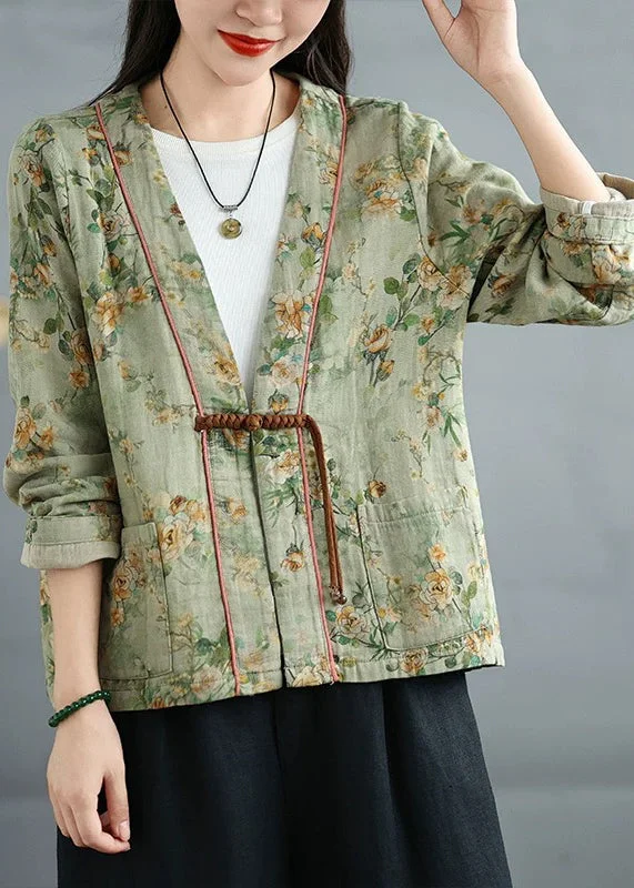 Women's faux fur coats in bright colors for a bold fashion statementLoose Green Chinese Button Print Cotton Coat Fall