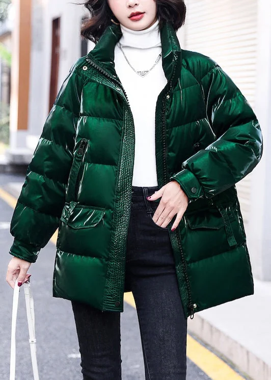 Mid - length women's down coats in a slim fit for a modern and sleek appearanceLoose Green Zippered Pockets Duck Down Coats Winter
