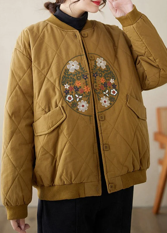 Oversized women's wool coats in a monochromatic look for a trendy outfitLoose Khaki Embroidered Button Pockets Thick Coats Winter