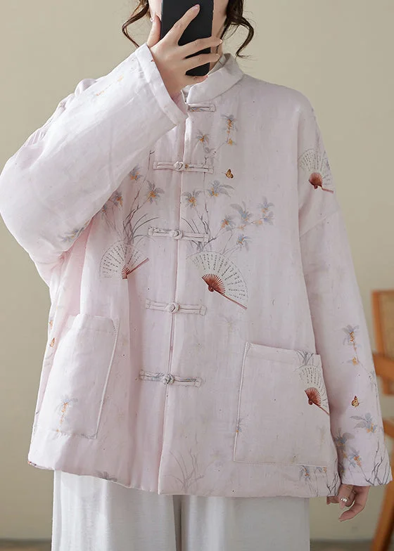 Women's longline double - breasted camel coats for a sophisticated lookLoose Pink Button Print Pockets Winter Thick Coats