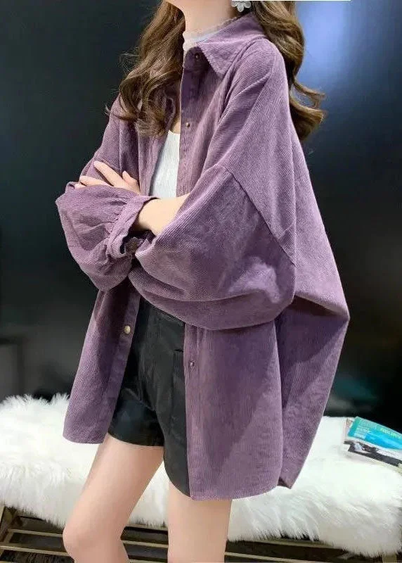 Hooded women's puffer coats in neon colors for high - visibility sportsLoose Purple Peter Pan Collar Pockets Corduroy Jackets Spring Hooded women's puffer coats in neon colors for high - visibility sportsLoose Purple Peter Pan Collar Pockets Corduroy Jackets Spring